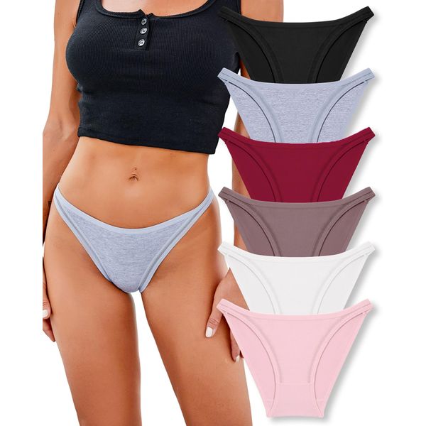 FINETOO 6 Pack String Underwear for Women Cotton High Cut Stretch Breathable Low Rise Hipster Cheeky Bikini Panties S-XL