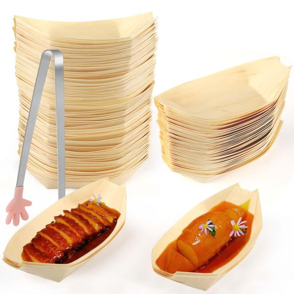 100 Stück Holzschale Schiffchen ,Einweggeschirr Bambus,Fingerfood Schalen,Snackschale Bambusschale Biologisch Abbaubar Essbare Schalen Für Fingerfood Currywurst Pommes Vorspeise (C(8.5*17CM))