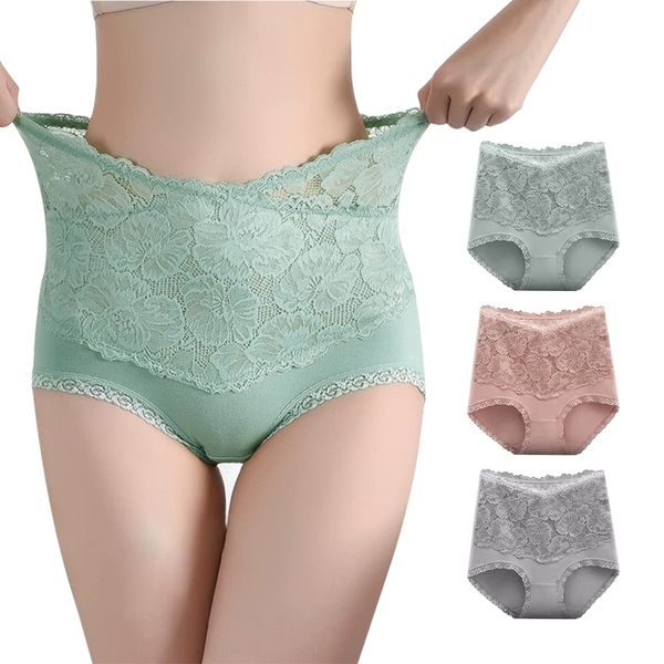 FEISEDY A8078 95% Pure Cotton, Lace High Waisted Panties, Set of 3, Sexy Seamless, Style-Up, Shapewear for Hip Lifting, Tummy Control, Panties, Breathable, Stretchy, Antibacterial, Women’s Beautiful