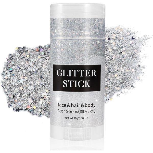 Go Ho Silver Body Glitter Stick,Rave Festival Glitter Makeup,Rotating Mermaid Face Glitter Stick,Holographic Glitter for Face/Body/Hair/Eye,Sparkling Face Glitter Makeup Body Glitter for Women