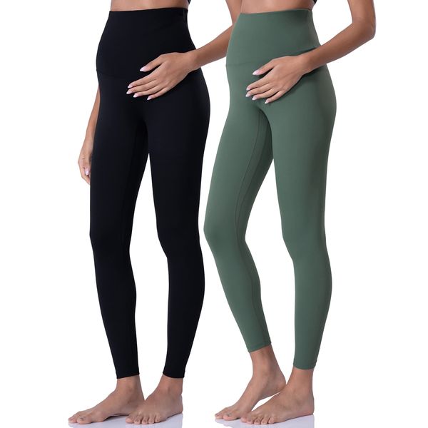 POSHDIVAH 2Pcs Women's Maternity Leggings Over The Belly Pregnancy Yoga Pants Active Wear Workout Leggings Black Crab Green Medium