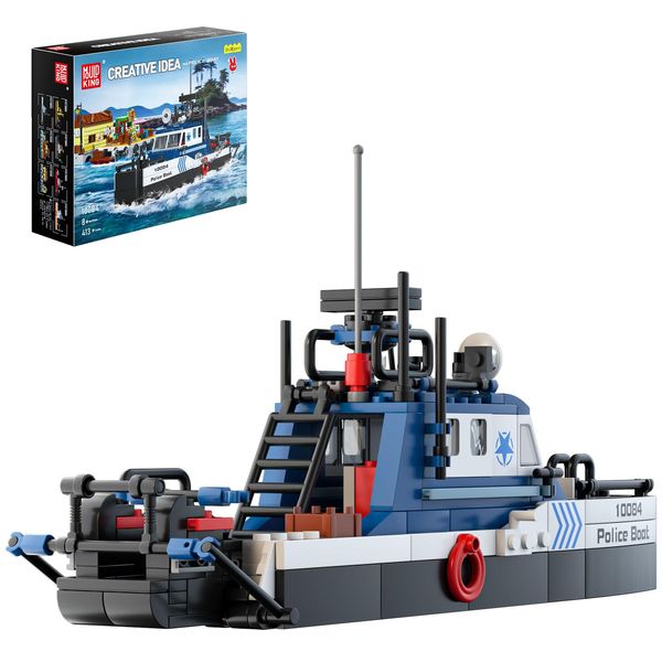 Mould King City Fishing Boat Toy Set Multi-Purpose Police Boats Building Blocks Set Sea Exploration Ship Playsets Collection STEM Toy for Boys and Girl Ages 8+ Years Old and up, 413Pieces