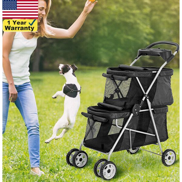 4 Wheels 2 Cages Pet Stroller Cat Dog Cage Stroller Travel Folding Carrier New