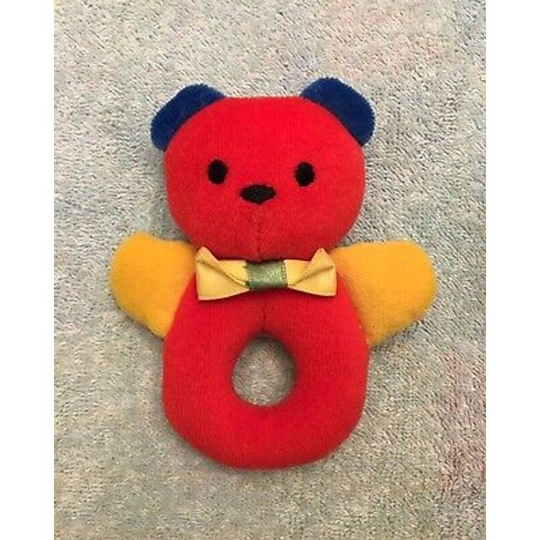 Vintage Eden Bear Rattle Ring Plush Red Yellow Blue Stuffed Animal Toy