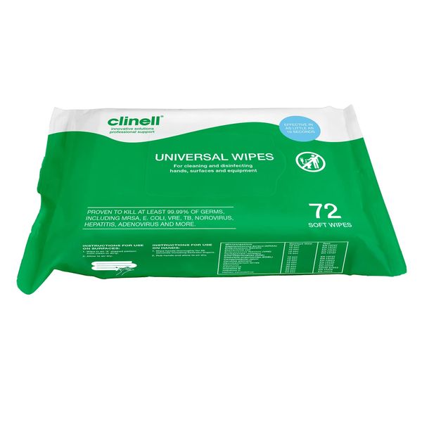 Clinell Universal Cleaning and Disinfectant Wipes for Surfaces - Pack of 72 Wipes - Multi Purpose Wipes, Kills 99.99% of Germs, Effective in 10 Seconds