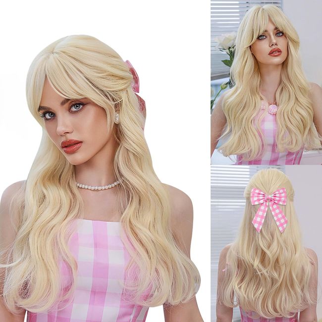 Perücke Prinzessin Damen Mädchen,mit Haarnetz Und Schleife,Hellblond Cosplay Perücke,Lange Locken Welle Perücken Für Frauen,Natur Hitzebeständige Kunstfaser Perücken