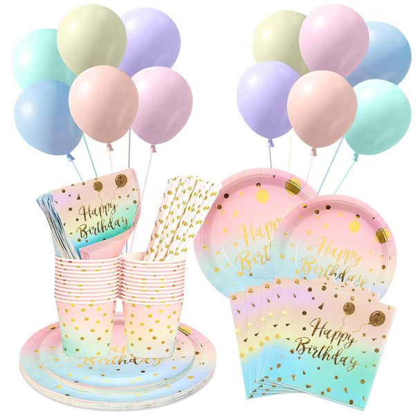 Pastel Party Paper Plates Cups and Napkins Set, Christening Birthday Party Decorations with Balloon Cups Straws Napkins Paper Plates, Rainbow Party Tableware for Birthday Decorations Baby Shower Girl