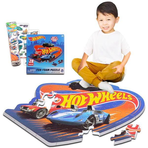 Hot Wheels Floor Puzzle for Kids - Bundle with 28 Pc Hot Wheels Floor Puzzle Play Mat with Temporary Tattoos (Hot Wheels Foam Puzzle Mat)