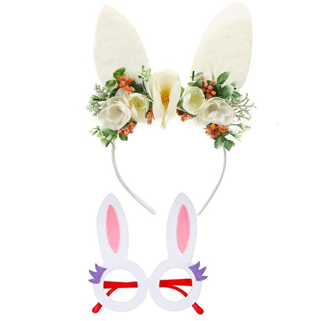 NIUEFH Easter Bunny Ears Headband and Glasses, Spring Bunny Ears Flower Crown headband For Kids and Adults Easter Headwear Accessories