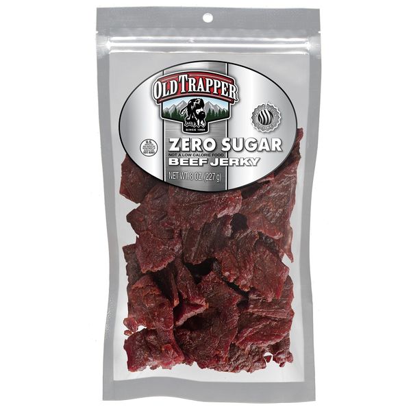 Old Trapper Zero Sugar Beef Jerky | Traditional Style Real Wood Smoked | Healthy Snack Made from 100% Top Round Steaks | 8 Ounce Bag