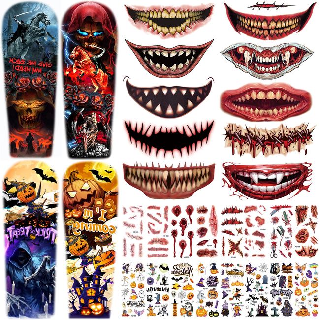 175 PCS+ 30 Sheets Halloween Zombie Makeup Temporary Tattoos, Fake Scars Scab Blood Face Tattoos, Prank Clown Mouth Halloween Tattoos Kit