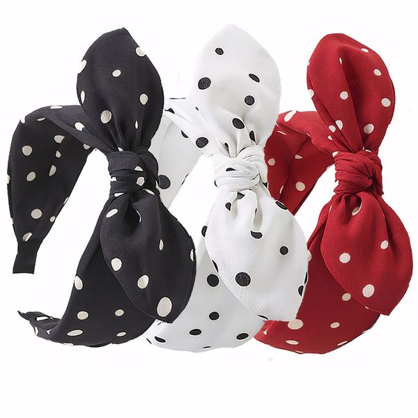 3Pcs Polka Dot Headband, Bow Knot Fabric Headbands Knotted Hair Bands, Wide Band Cloth Headwrap Hair Accessories for Women Girls (Black Red White)