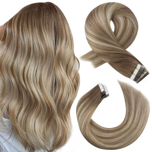 Moresoo Invisible Tape in Extensions Echthaar Blond Unsichtbares Tape Extensions Mittelbraun bis Goldblond mit Braun Echthaar Extensions Tape Klebe Extensions 40 cm 20 Stück 50g/Pack #8/22/8