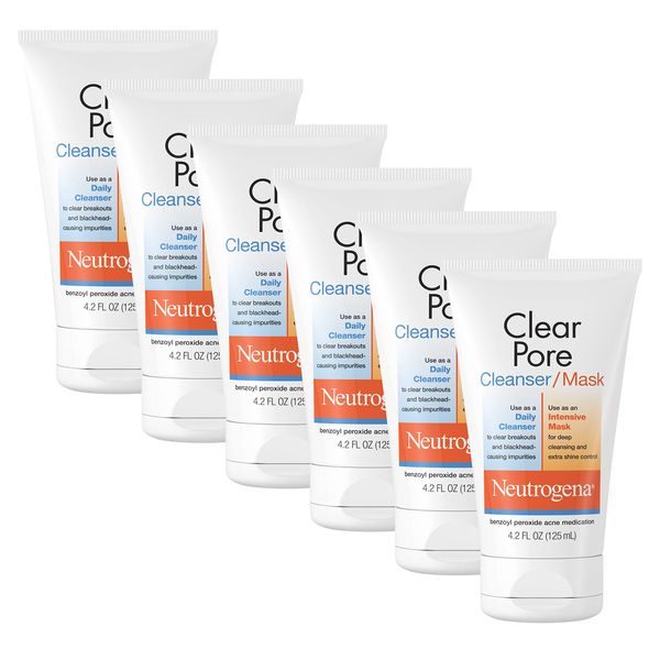 Neutrogena Clear Pore 2 in 1 Facial Cleanser/Face Mask with Kaolin & Bentonite Clay & 3.5% Benzoyl Peroxide Acne Treatment Medication, Daily Face Wash & Shine Control Clay Mask, 4.2 fl. oz