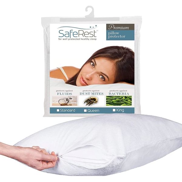 SafeRest Pillow Protector - Pack of 1 - Standard Size Waterproof Pillow Cover - Zippered Pillow Encasement for College Dorm Room, New Home, First Apartment - Cotton Terry, Waterproof, Breathable