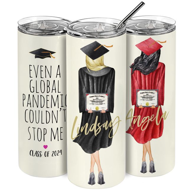 Personalized Skinny Tumbler for Women, 20 Oz. Choose Your Hair Styles, Hood and Skin Color - Custom Graduation Cup w/Name & Text, High School, College, Class of 2024