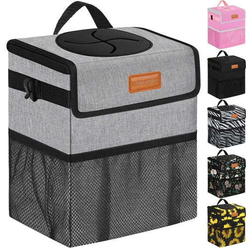 ELONGRIVER Car Trash Can for Car with Lid Leak Proof, Cute Car Can Trash Bag Hanging, Vehicle Trash Can for SUV Truck Van, Car Garbage Can for Back Front Seat Grey