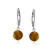 Simple Plain Basic Plain Round Brown Tiger-Eye Bead Drop Ball Dangle Lever back Earrings For Women .925 Sterling Silver