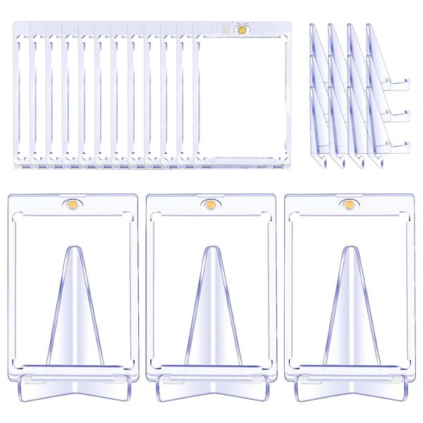 15 Pcs Trading Cards Protectors with 15 Pcs Display Stands Acrylic Baseball Card Holder 35 PT Magnetic Card Protectors for Baseball Football Sports Cards Storage and Display