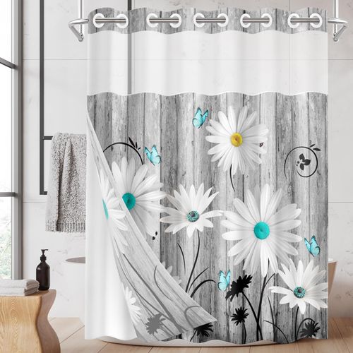 Nesphy No Hook Flower Daisy Shower Curtain with Snap in Fabric Liner Set, Gray Wooden Boards Double Layers Waterproof Fabric with See Through Top Window Open Grommet Bath Curtain 54x80 Inch