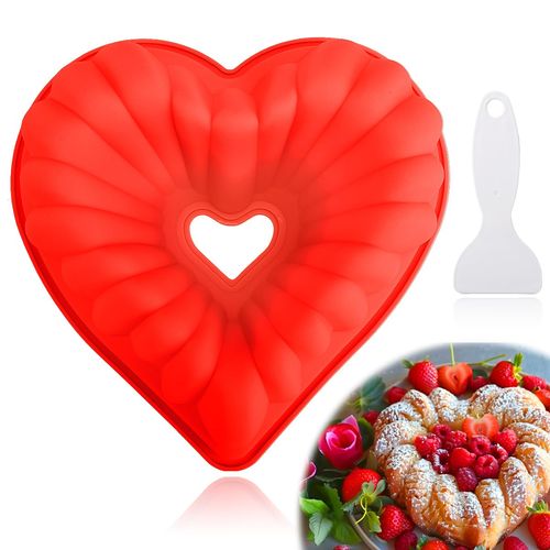 Mity rain Heart Shaped Cake Fluted Pans, Silicone 8 Inch Cake Pan Nonstick, Heart Cake Molds for Valentine'S Day, Baker Kitchen Baking Accessories (1pc, Red)