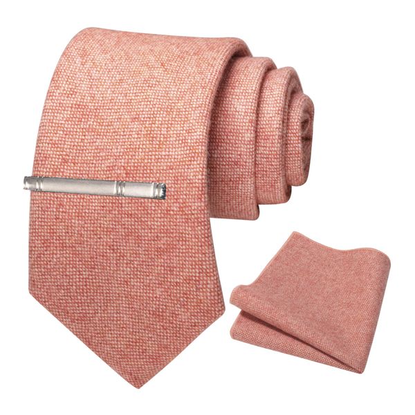 RBOCOTT Peach Wool Tie and Pocket Square, Tie Clip Set for Men (b)