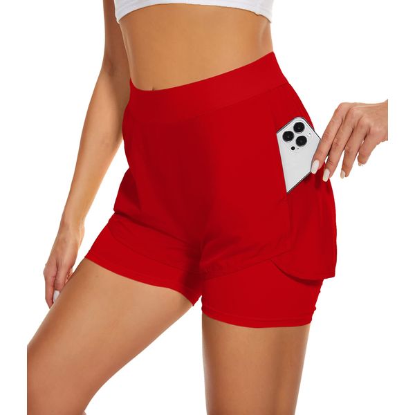 Custer's Night Women's 2 in 1 Workout Shorts with Pockets High Waisted Gym Yoga Running Shorts with Liner Red 2XL