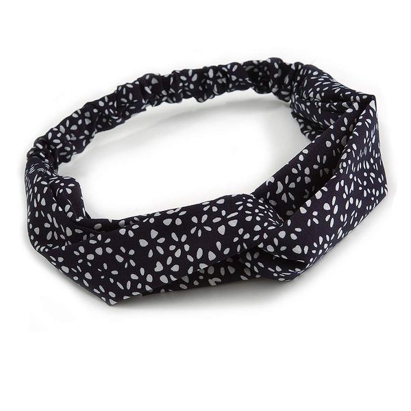 Dark Blue/White Floral Twisted Fabric Elastic Headband/Headwrap