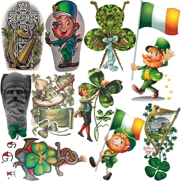 St. Patrick's Day Temporäre Tattoos Shamrock für Männer und Frauen, Kleeblatt, grüner Zylinder, Totenkopf, Bier, Kobolde Fake Tattoo Sticker Party Favor (St. Patrick2)