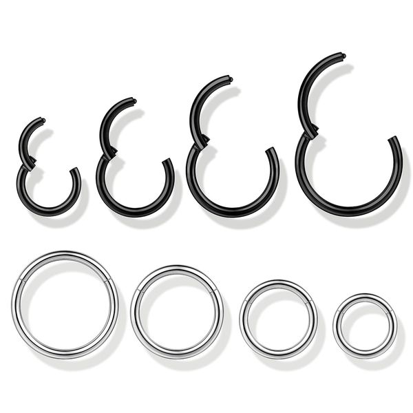 BodyBonita 8 pcs 16 Gauge Septum Rings Lip Rings 316L Stainless Steel Hoop Nose Rings Clicker Jewelry Black Silver Seamless Hinged Body Piercing for Women Men 6mm 8mm 10mm 12mm