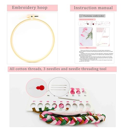 FOXTEMO Embroidery Kit for Beginners Adults, 1 Pack 20CM Embroidery Hoops, Acacia Embroidery Pattern Beginner Embroidery Kit with Needles and Thread Included for Adults Kids