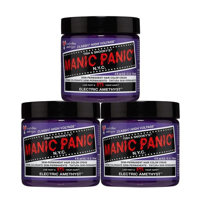 MANIC PANIC Electric Amethyst Hair Dye – Classic High Voltage - (3PK) Semi-Permanent Hair Color - Medium Violet Purple With Blue Undertones - Vegan, PPD & Ammonia-Free