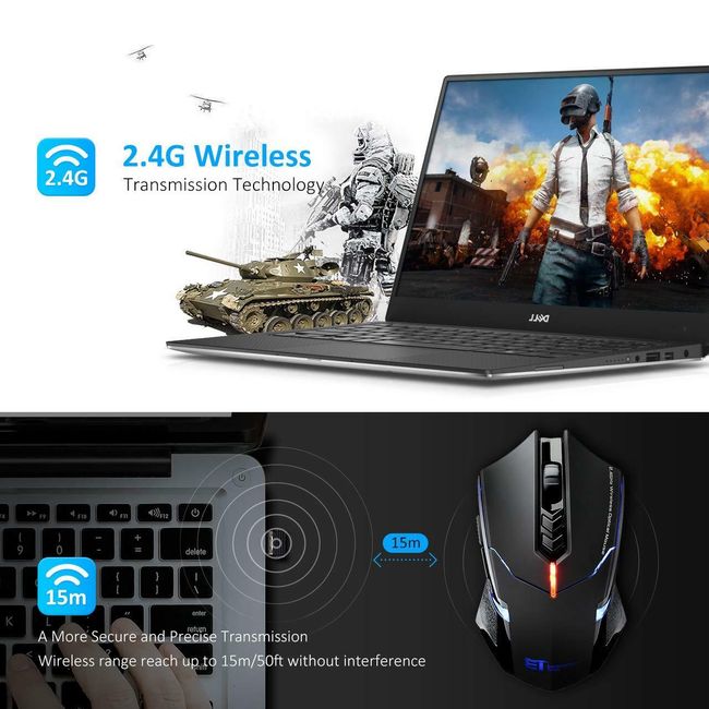 Wireless Gaming Mouse w/ Unique Silent Click Optical 2400 DPI for PC Laptop Mac 