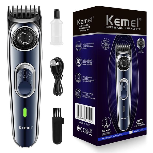 KEMEI Blue Hair Clippers for Men，Adjustable Blade Cordless Clipper Professional Barber Clippers，USB Rechargeable Wireless Haircut Clippers km-1256