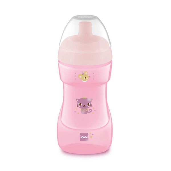 MAM Sports Cup (330 ml), auslaufsicherer Baby Trinkbecher mit selbstöffnendem Ventil, Kinder Trinkbecher mit rutschfester Greiffläche, ab 12+Monaten, Katze