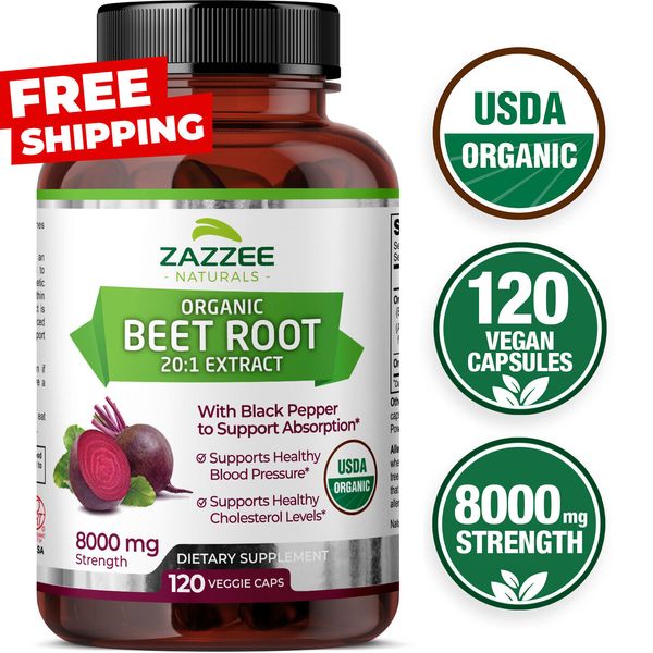 USDA Organic Extra Strength Beet Root 20:1 Extract 8000 mg Strength 120 Capsules