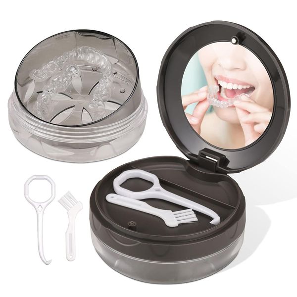 Denture Case, Denture Cleaning Case, with Mirror, Mouthpiece Case, Retainer Case, Orthodontic Case, Denture Case, No Leaking, Triple Structure, Denture Cleaning Container, Cleaning and Storing,