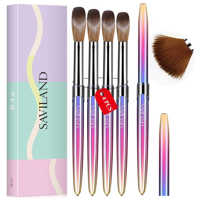 Saviland 4PCS Professional Acrylic Nail Brush: Ombre Acrylic Brush for Acrylic Powder Metal Handle Nail Brush Set Nail Art Brushes for Nail Powder Acrylic Gel French Nail Art Tools (Size 10/12/14/16)