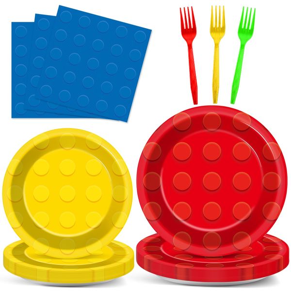 96Pcs Building Block Plates and Napkins Birthday Party Supplies Bricks Paper Dessert Plates Forks Building Block Tableware Set Disposable for 24 Guests Kids Boys Birthday Baby shower Party Decorations