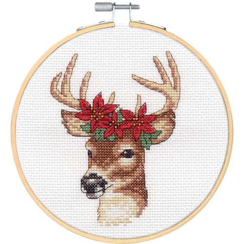 Dimensions Kit, Rustic Reindeer Christmas Cross Stitch, White 14 Count Aida, 6'' Embroidery Hoop
