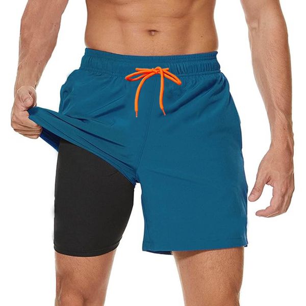 Ougelebo Badehose Herren mit Kompression Badeshorts Herren Kurz 2 in 1 Schnelltrocknend Männer Schwimmhose Schwimmshort Herren mit Reißverschluss Board Swim Shorts Pfauenblau M