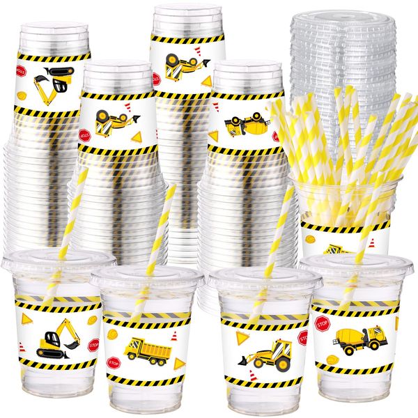 Yungyan 50 Sets Construction Theme Party Plastic Cups 16 oz Cups with Lids and Paper Straws Drinking Cups for Birthday Baby Shower Party Supplies