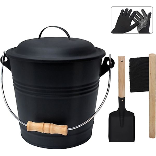 Ash Bucket with Lid 1.3 Gallon Fire Pit Accessories Hand Broom Gloves Included