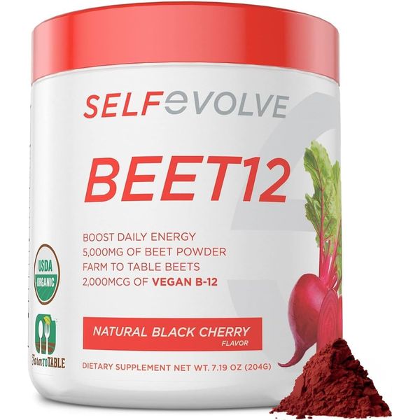 selfevolve Beet12 - Organic Beet Root Powder Enhanced with Vitamin B12, Nitric Oxide Booster, Beet Juice Powder Support Natural Energy, Beet Powder with Black Cherry Flavor, 30 Servings