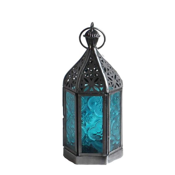 モロッコランタン・キャンドルホルダー 高さ17.5cm オリエンタルランプ6面のレリーフガラス Morocco Lantern Candle holder (ターコイズブルー)