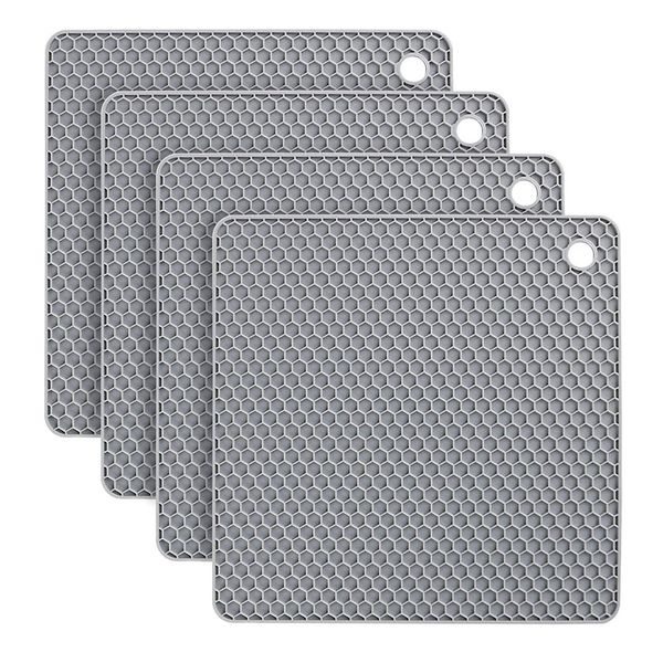 flintronic Silicone Table Mat, 4PCS Silicone Trivet Non-Slip, 18.5CM Honeycomb Kitchen Table Pad Multi-Purpose Hot Pads, Spoon Rest, Cooking & Dining (Square-Grey)