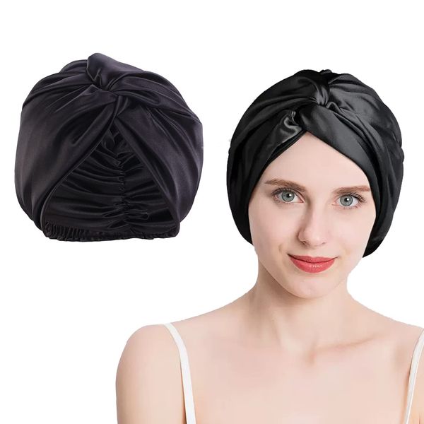 MUFEKUM Silk Hair Wrap for Sleeping, Double Layer Imitation Silk Bonnet Sleep Night Cap for Women Hair Care, Soft Hair Bonnet with Elastic Band for Sleeping, Washing, Makeup (Black)