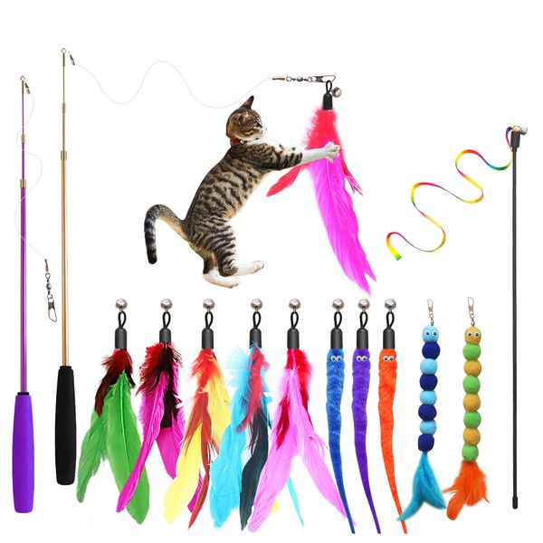 Atosun Cat Toys, 2PCS Retractable Cat Feather Toys, 10PCS Replacement Teaser Refill, 1PC Rainbow Ribbon Wand Interactive Kitten Toys for Indoor Cat Make Exercise