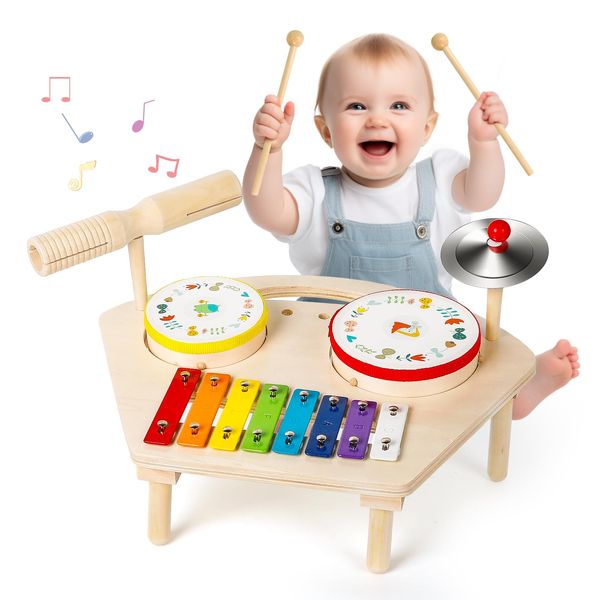 Hilifexll Kids Drum Set for Toddlers 1-3, Baby Preschool Musical Toys 7 in 1 Montessori Instruments Set Wooden Music Toy Baby Drum Kit Xylophone Birthday Gifts for Boys Girls