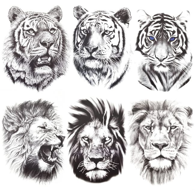 6 Sheets Lion Tiger Temporary Tattoo Stickers, Lion Tiger Face Fake Tattoo Stickers, Black Sketch Realistic Lion Tiger Totem For Men Women